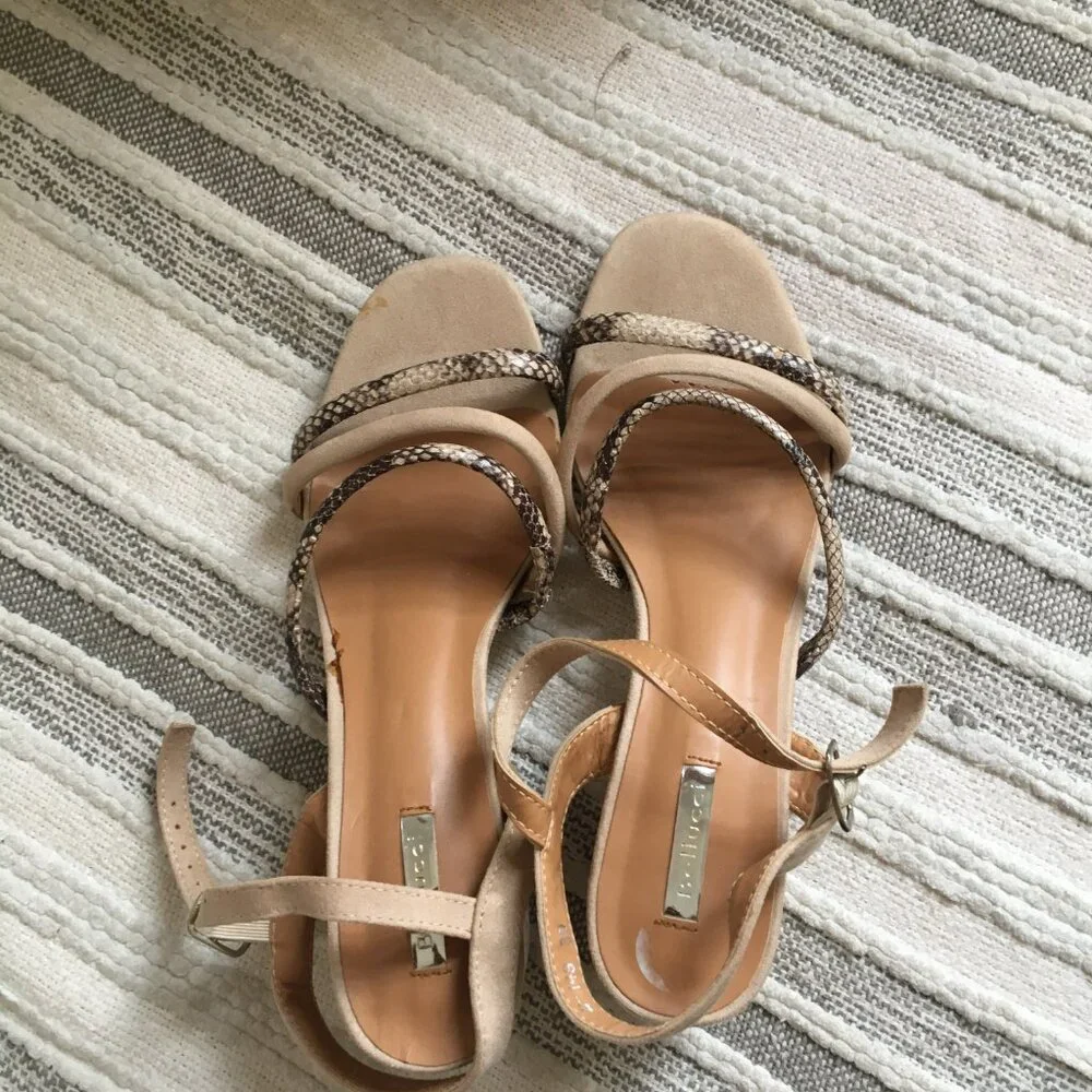 Beige Suede Block Heel Sandals with Snakeskin Straps
